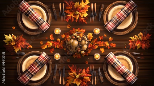 Autumn table setting with four plates, checkered napkins, fall leaves and a center centerpiece, candles, and cutlery. photo