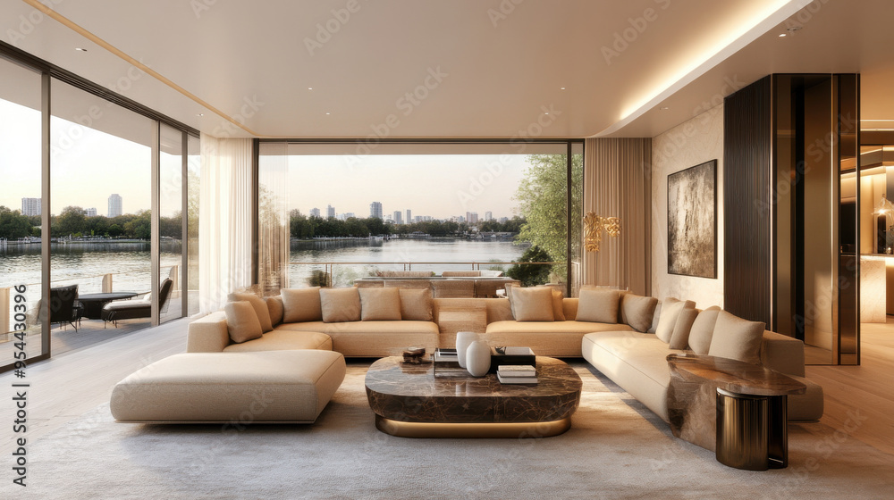 Fototapeta premium Luxurious modern living room design with river views, soft beige tones, and a large coffee