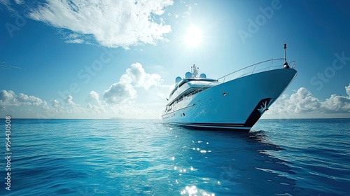 Luxury Yacht Anchored in a Calm Ocean with Blue Skies and Clouds