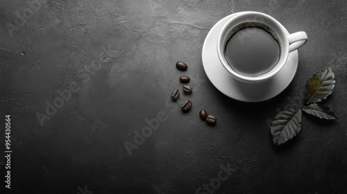 A Cup of Coffee with Coffee Beans and Leaves on a Black Background photo