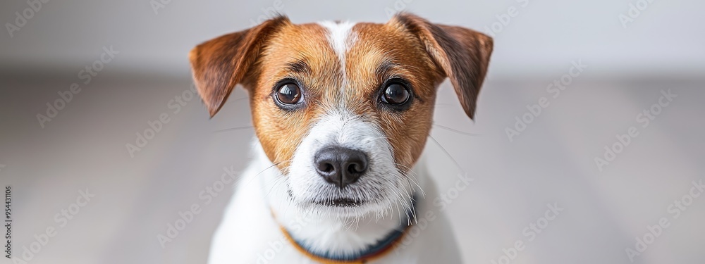 A sad-looking brown and white dog wearing a blue collar gazes at the camera A sad-looking brown and white dog wearing a blue collar gazes at the camera