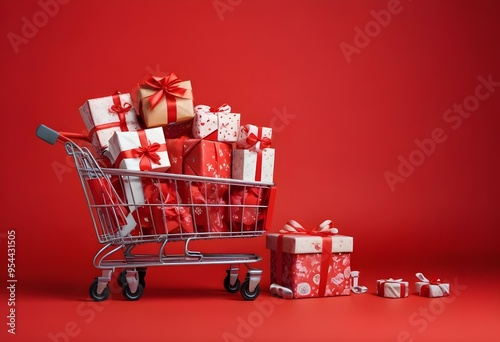 A shopping cart filled with various Christmas gifts and presents on a red background with snowflakes.