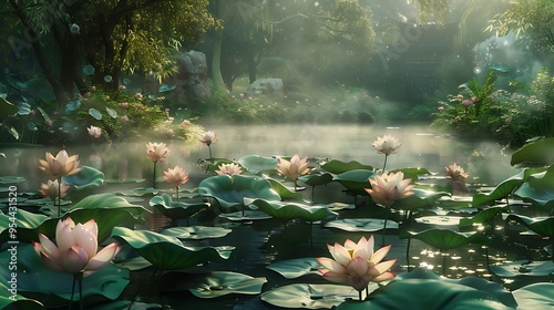 Serene pond with lush green lily pads and delicate pink lotus flowers in full bloom morning mist for peaceful nature tranquil beauty and calm water garden concept. photo