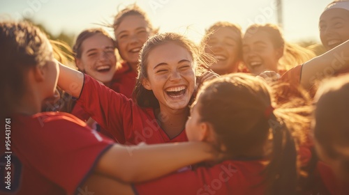 Girls  baseball team lifting a teammate in celebration, strong bond, group effort, energetic and lively composition