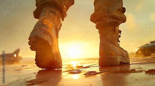 Weathered Hero s Boot Leaving Trail on Rusty Metal Surface Under Bright Sun photo