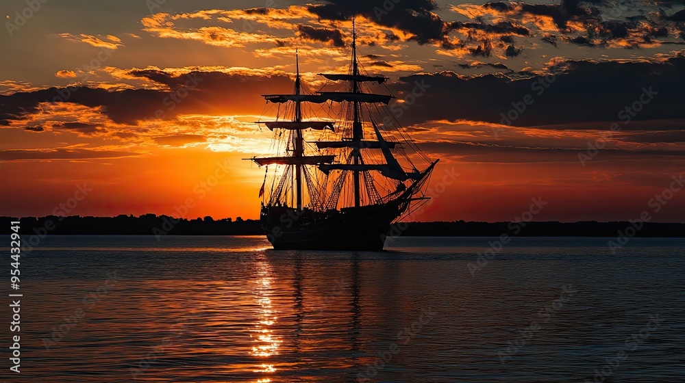 Obraz premium Silhouette of a Tall Ship Sailing at Sunset