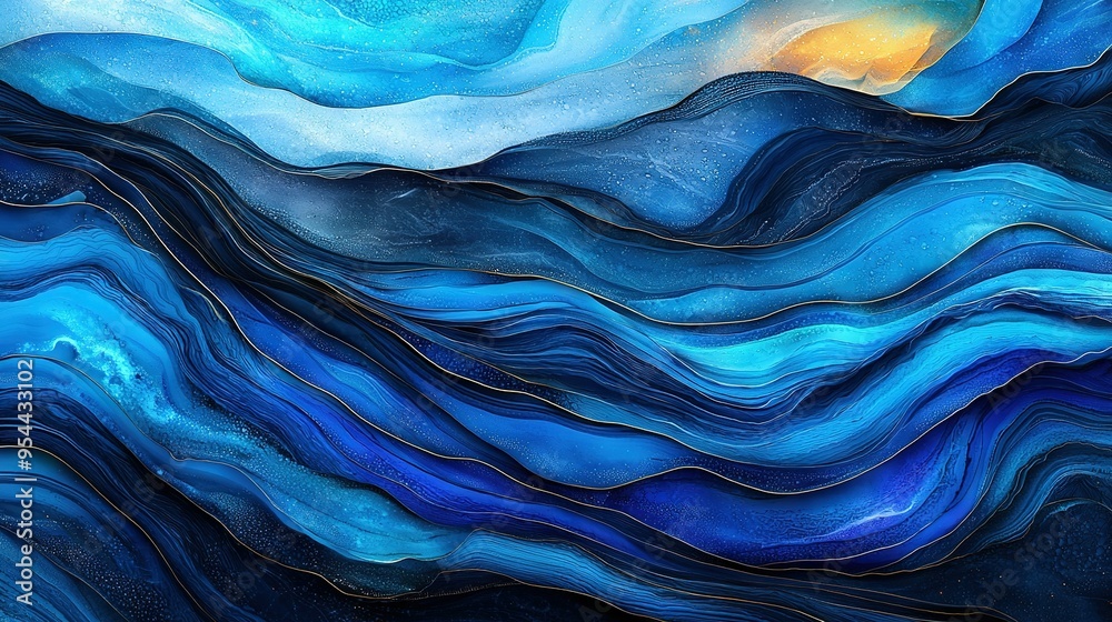 A painting featuring blue waves and a yellow sun in the sky, located at the center, is made from acrylic A painting featuring blue waves and a yellow sun in the sky, located at the center, is made from acrylic