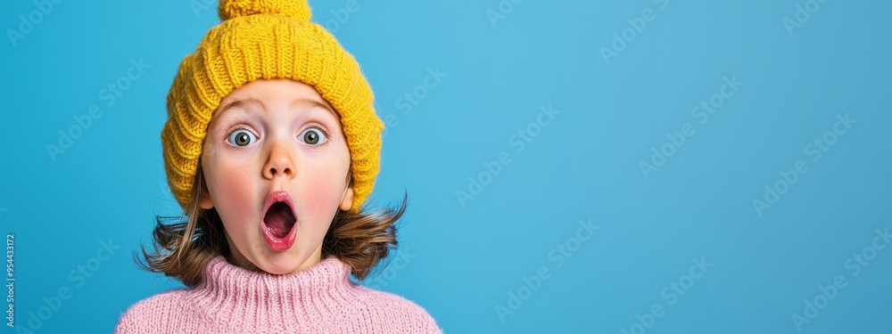 A young girl, surprised, wears a yellow knit hat with a pompom A young girl, surprised, wears a yellow knit hat with a pompom