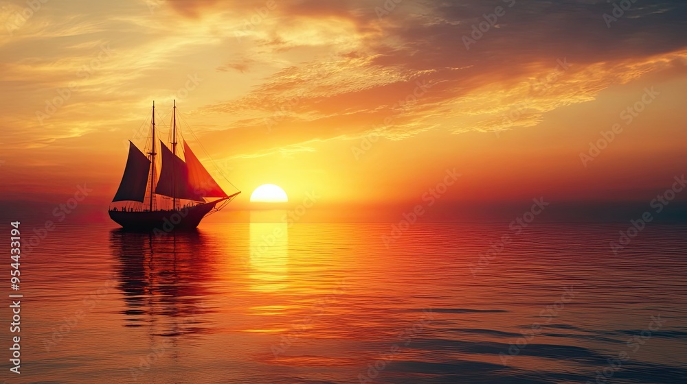 Fototapeta premium Silhouette of a Sailboat on the Ocean at Sunset