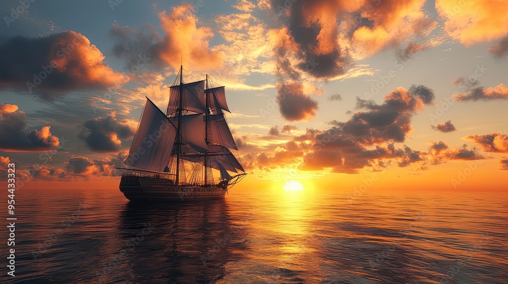 Obraz premium Sailboat Sailing into the Sunset with Dramatic Clouds