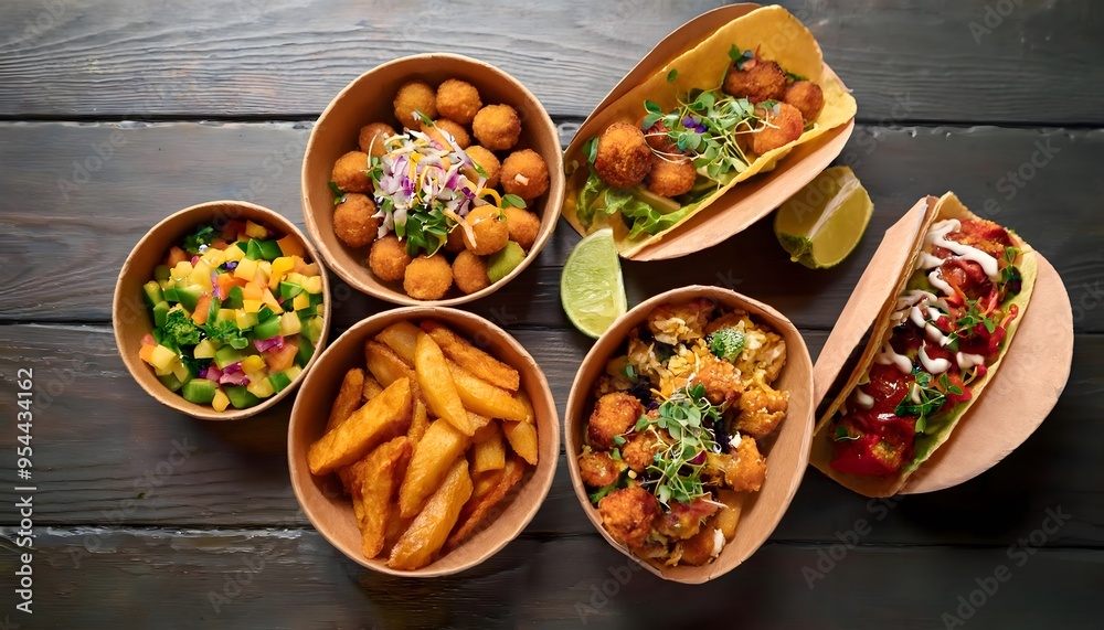 A selection of vegan street food, including jackfruit tacos, chickpea falafel wraps A selection of vegan street food, including jackfruit tacos, chickpea falafel wraps