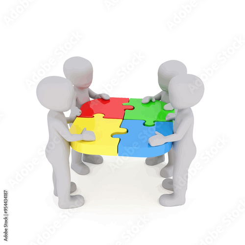 Teamwork and Collaboration: Four Figures Surrounding a Jigsaw Puzzle Piece