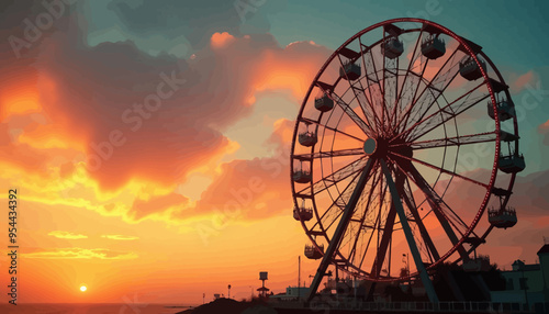 Sunset Silhouette of Ferris Wheel Against Cloudy Sky