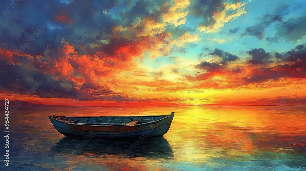 A Solitary Boat Anchored in a Vibrant Sunset Seascape A Solitary Boat Anchored in a Vibrant Sunset Seascape