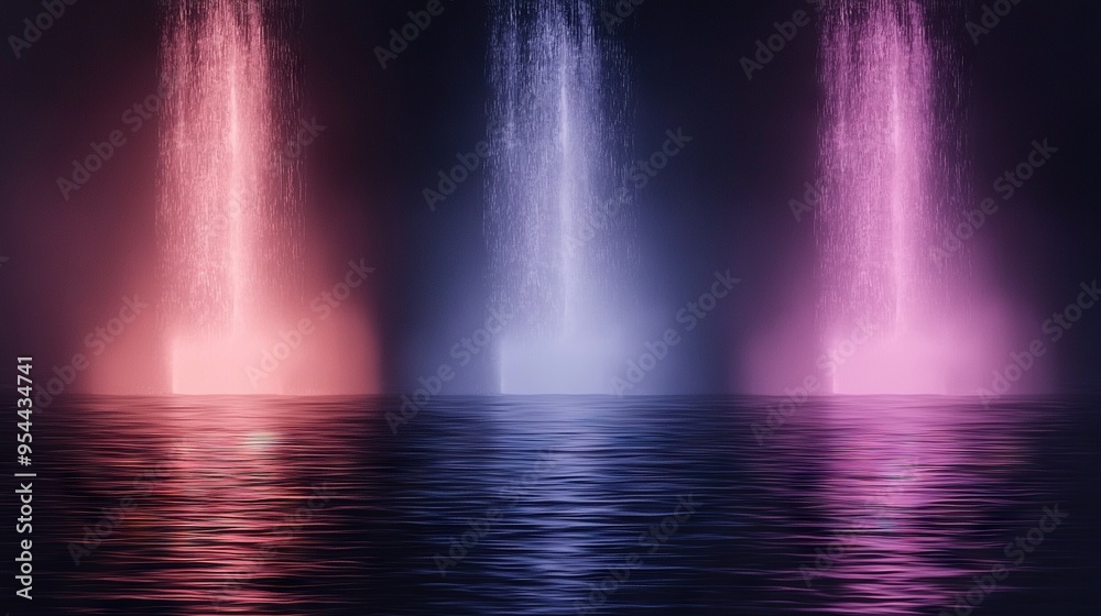A group of water jets spray from the sky onto a body of water against a dark backdrop A group of water jets spray from the sky onto a body of water against a dark backdrop