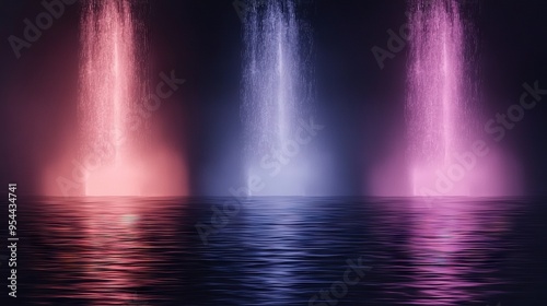  A group of water jets spray from the sky onto a body of water against a dark backdrop