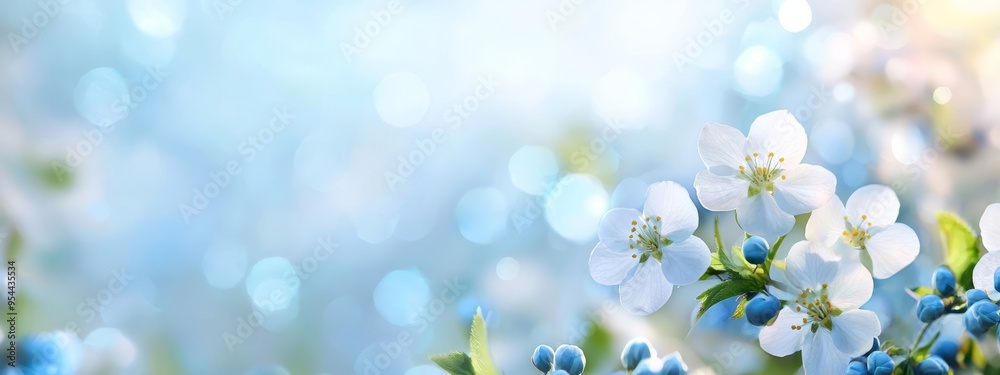 A tight shot of numerous white blooms, blue-green foliage in the foreground, and a gentle light blue sky in the backdrop A tight shot of numerous white blooms, blue-green foliage in the foreground, and a gentle light blue sky in the backdrop