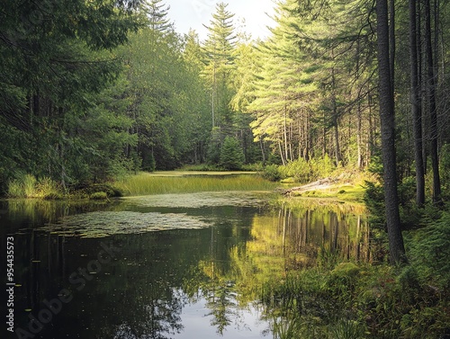 Hidden forest lake, surrounded by tall pines, bright midday light, wideangle shot, peaceful and secluded wilderness