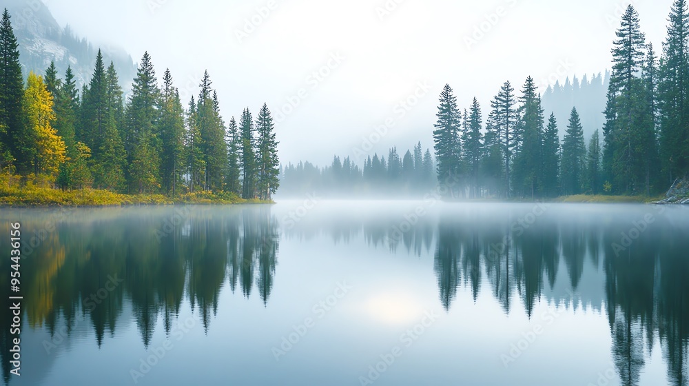 Obraz premium Misty morning lake, serene reflection of pine trees, panoramic view, soft light, calm waters, wideangle lens, tranquil atmosphere
