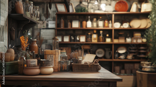 Photorealistic close-up of a local artisan shop, showcasing handcrafted items and a rustic,