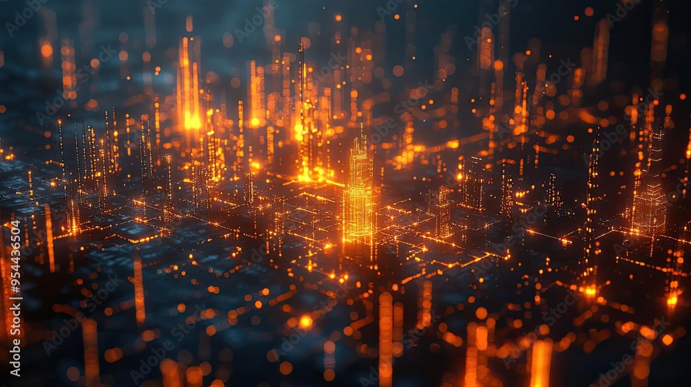 Abstract city grid, with moving data streams and glowing nodes, digital art, 3D illustration Abstract city grid, with moving data streams and glowing nodes, digital art, 3D illustration