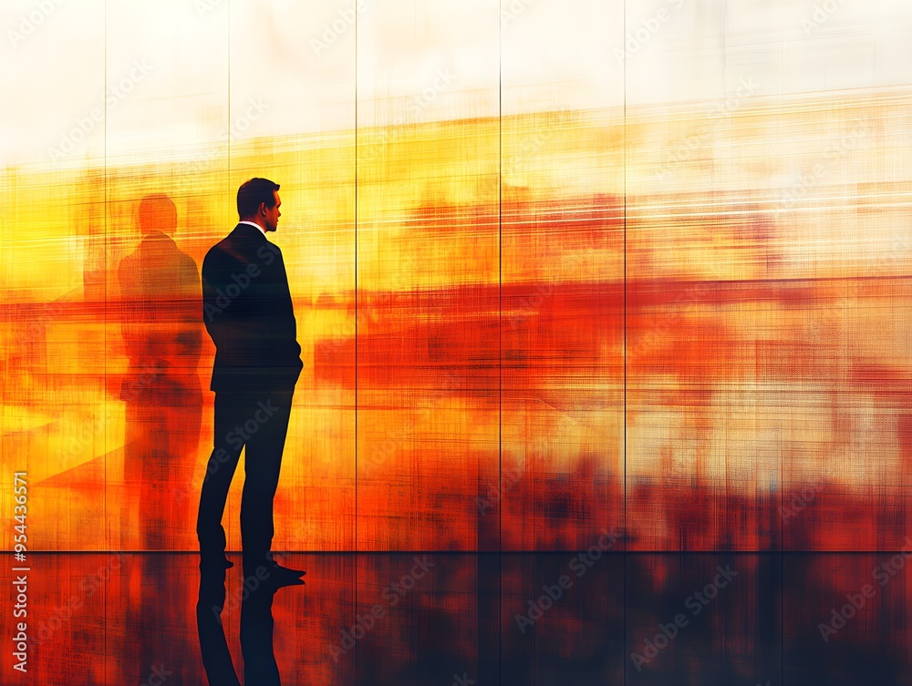 A man in a suit is standing in front of a wall with a reflection of himself