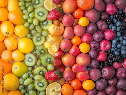 Rainbow assortment of fresh fruits and vegetables, arranged in a gradient, topdown view, bright and healthy abundance