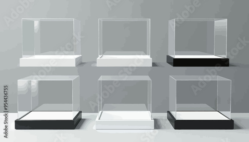 Modern Glass Display Shelves: Six-Piece Set with Black and White Base