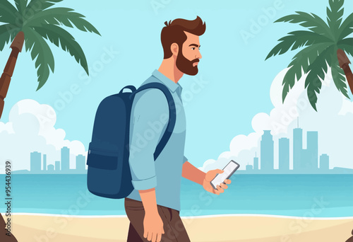 Man with beard and backpack walking on beach, looking at phone, with city skyline in background