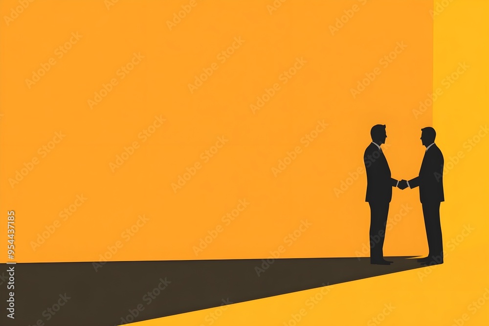 Two men shaking hands in front of a yellow wall Two men shaking hands in front of a yellow wall