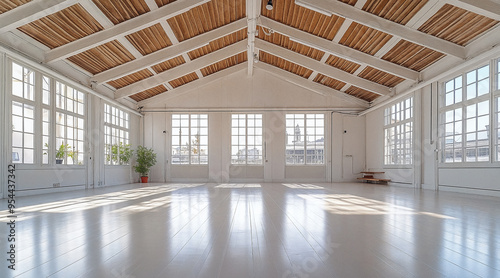 Bright and airy industrial loft space with wooden beams and expansive windows, Versatile multipurpose empty interior