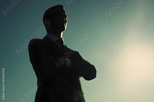 A man in a suit is standing in the sun with his arms crossed