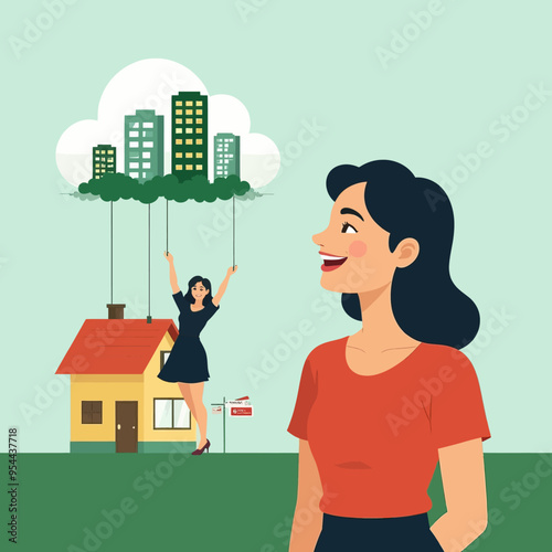 Happy Woman Standing in Front of House with Clouds and Cityscape in Background photo