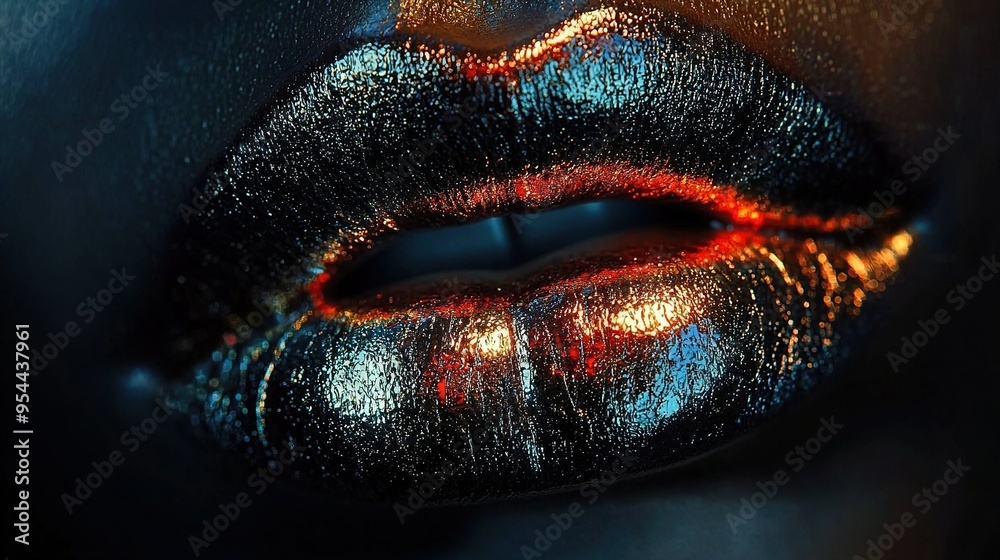 A photo of a woman's close-up lips, adorned with shiny black lipstick and sparkling gold and red glitter A photo of a woman's close-up lips, adorned with shiny black lipstick and sparkling gold and red glitter