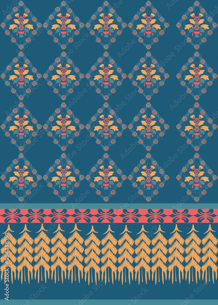 Ikat pattern hand drawn on blue tone, Motif ethnic floral seamless textil, embroidery, print striped ornament floral, pattern, design for wrapping, silk, scarf, background, textile Ikat pattern hand drawn on blue tone, Motif ethnic floral seamless textil, embroidery, print striped ornament floral, pattern, design for wrapping, silk, scarf, background, textile