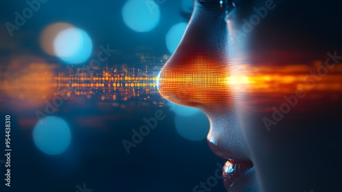 Close-up of a robotic face with AI soundwaves in double exposure, showcasing the future of voice recognition, blending digital signals and human features--style raw