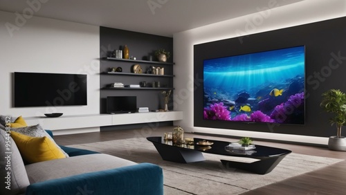 Modern Living Room Interior with Large TV and Underwater Scene