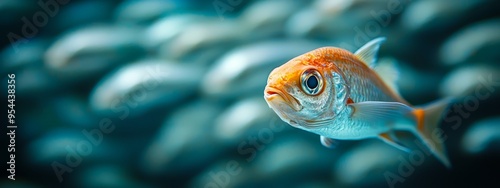  A tight shot of a goldfish amidst a larger assembly of various fish, including smaller ones photo