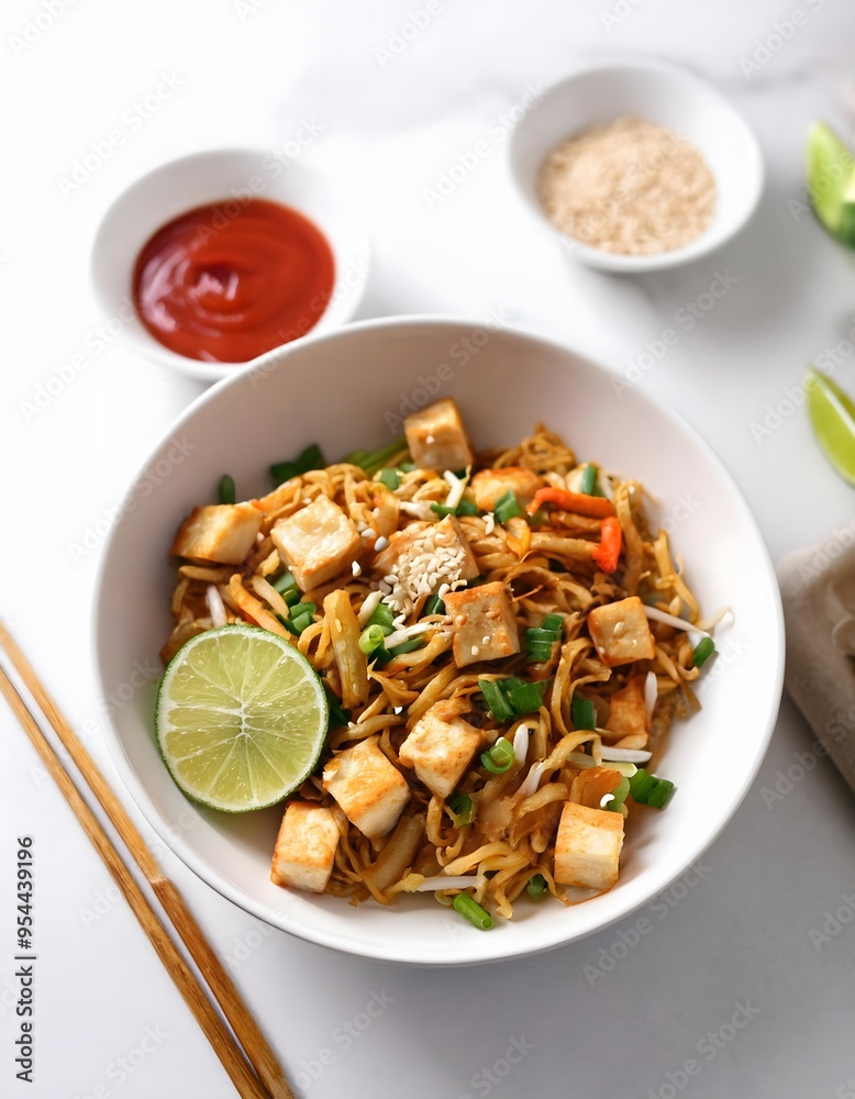 A vibrant vegan Pad Thai dish, featuring stir-fried rice noodles, tofu, crushed peanuts, bean sprouts, and fresh lime, served in a white bowl A vibrant vegan Pad Thai dish, featuring stir-fried rice noodles, tofu, crushed peanuts, bean sprouts, and fresh lime, served in a white bowl
