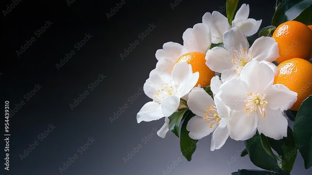 Bouquet of white flowers and oranges against a black background with a subtle gray overlay Bouquet of white flowers and oranges against a black background with a subtle gray overlay