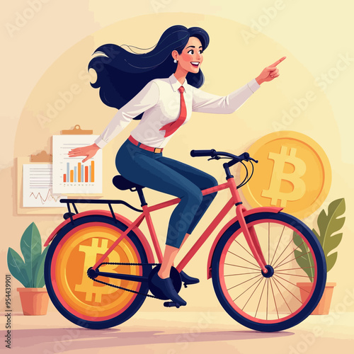 Financially Focused Female Cyclist with Bitcoin Symbols