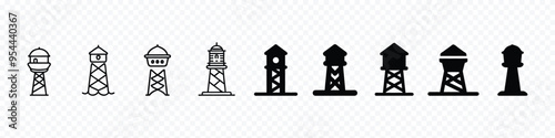 Water tank linear icon set. Watchtower icon set. Guard tower silhouette for icon, Outline water boiler vector icon, water tank vector icon. Water tank illustration