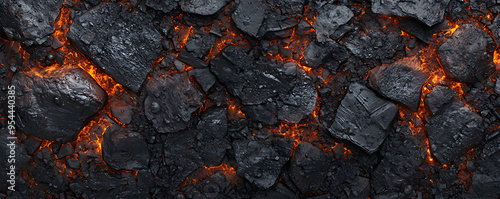 A close-up of glowing charcoal and ashes, showcasing the intense heat and vibrant colors of burning coals photo