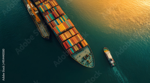 “Aerial View of a Cargo Ship with Containers Loading at a Port, Showcasing Global Shipping, Trade, and Logistics, Ideal for Visual Content Related to International Commerce, Transportation, and Mariti photo