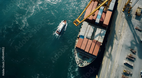 “Aerial View of a Cargo Ship with Containers Loading at a Port, Showcasing Global Shipping, Trade, and Logistics, Ideal for Visual Content Related to International Commerce, Transportation, and Mariti photo