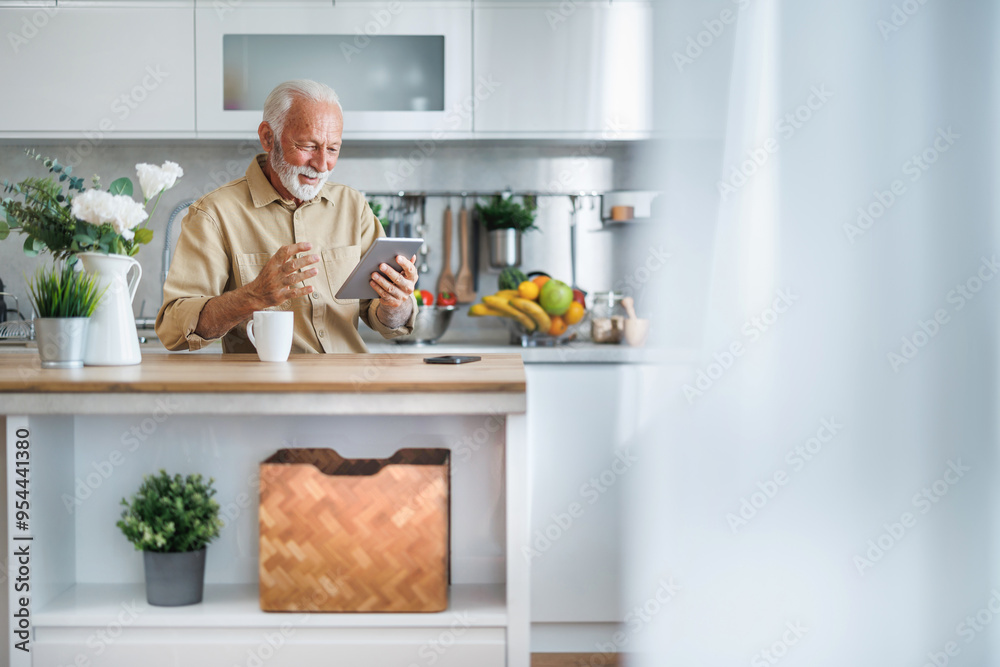 Retiree Enjoying Coffee and Technology at Home Retiree Enjoying Coffee and Technology at Home