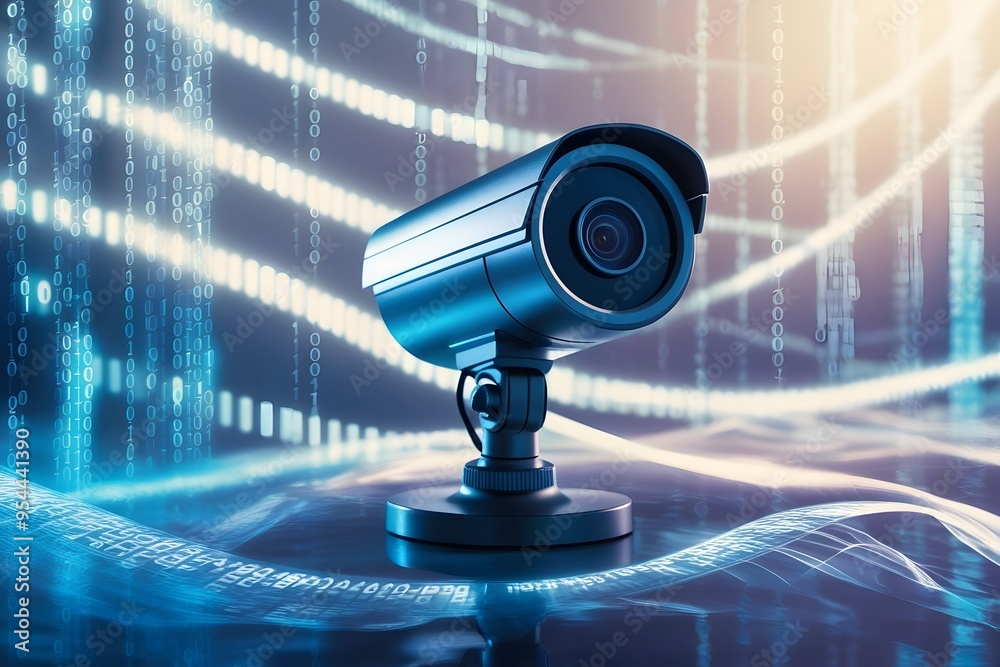 A surveillance camera framed by a cascade of glowing binary code, symbolizing the convergence of advanced security technology and the expansive digital data landscape. A surveillance camera framed by a cascade of glowing binary code, symbolizing the convergence of advanced security technology and the expansive digital data landscape.