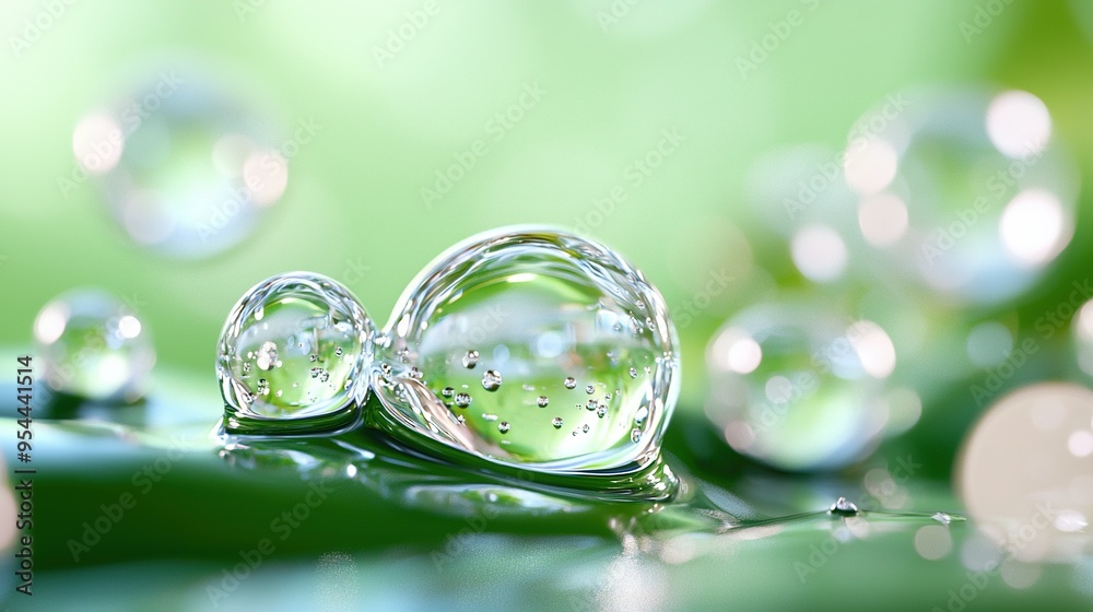 A cluster of dewdrops resting atop a verdant foliage with droplets on a green background A cluster of dewdrops resting atop a verdant foliage with droplets on a green background