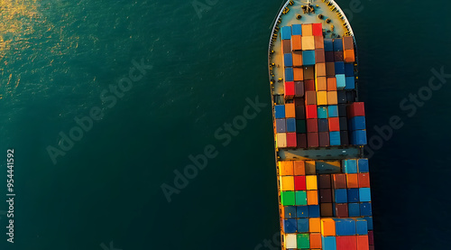 “Aerial View of a Cargo Ship with Containers Loading at a Port, Showcasing Global Shipping, Trade, and Logistics, Ideal for Visual Content Related to International Commerce, Transportation, and Mariti photo