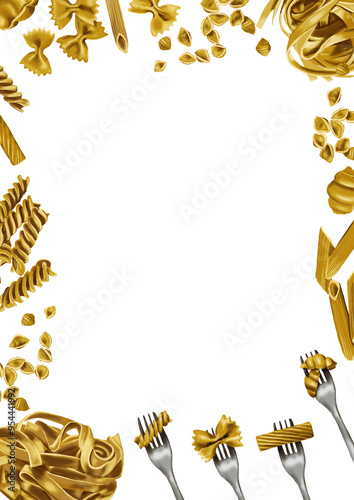 Fusilli Pasta. Speral form. Fusilli Pasta. Farfalle pasta. Scattered paste, several pieces. Classic option. Yellow and beige. Monochrome style. conchiglie rigate Pasta. Pattern. photo